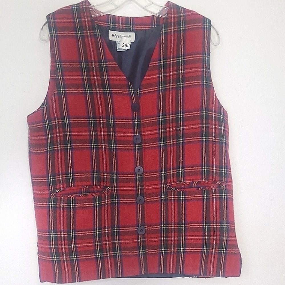 Appleseed’s Red Tartan Wool Blend Plaid Vest Size 12 Button Front Lined Preppy